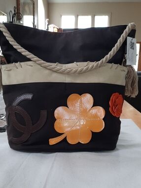 Chanel Camellia Black Canvas Rope-Handle Tote with Floral Appliqués